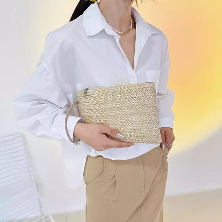 Moda feminina boêmio tecido embreagem wristlet saco casual senhoras praia verão cor sólida pequenas bolsas bolsa branco bege presentes