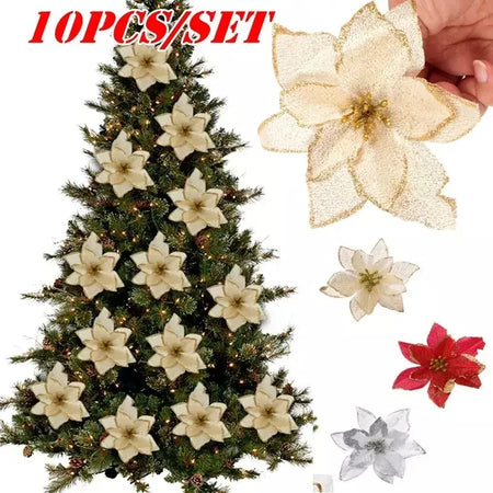 10 pçs grandes lantejoulas flor de natal glitter poinsétia 5.5 polegada flores artificiais enfeites de árvore de natal decorações para casa