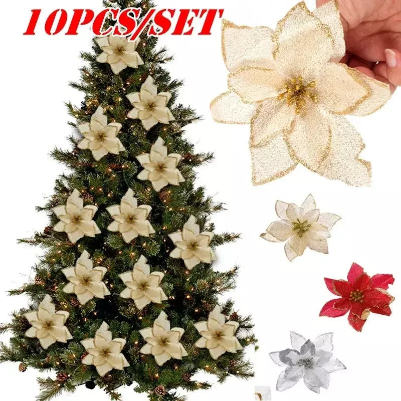 10 pçs grandes lantejoulas flor de natal glitter poinsétia 5.5 polegada flores artificiais enfeites de árvore de natal decorações para casa