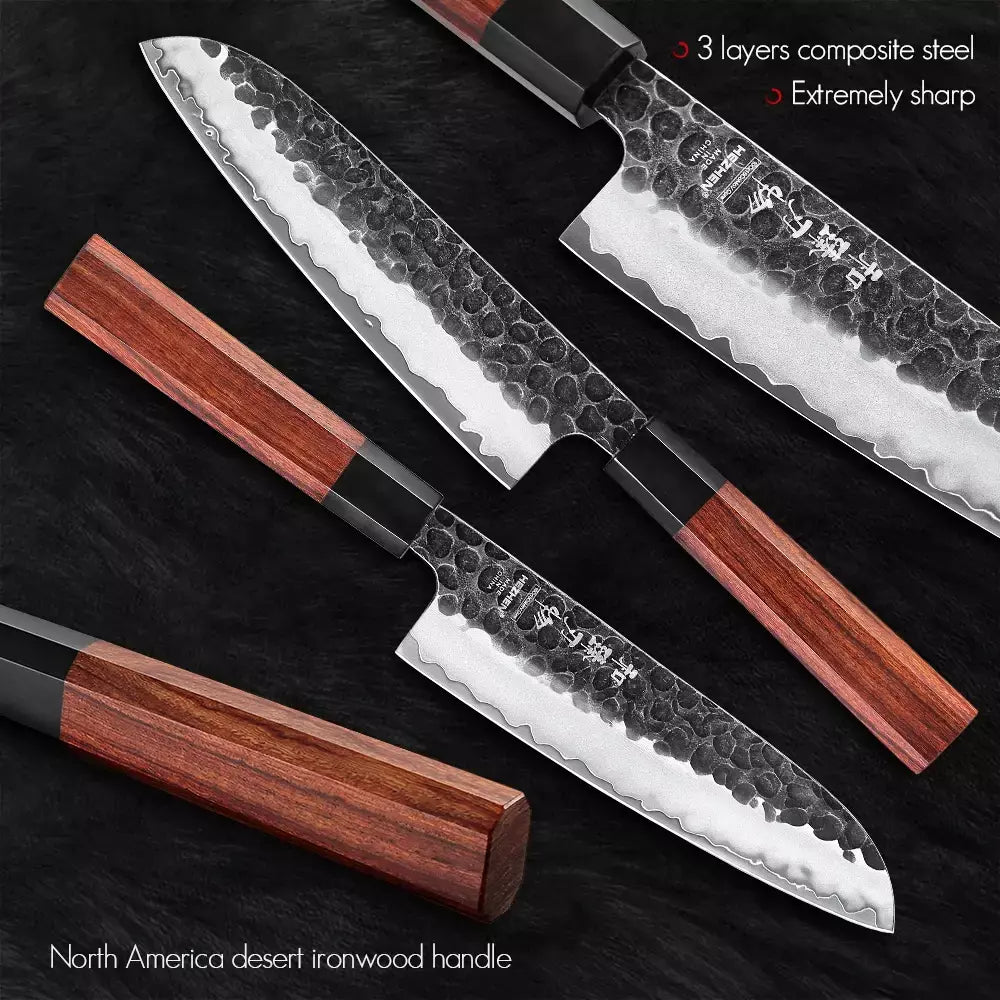 Hezhen faca santoku de 7 polegadas, aço composto de três camadas, facas de cozinha de aço inoxidável, cabo de madeira vermelha com caixa de presente