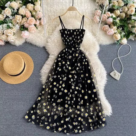 Yuoomuoo moda coreana margarida flor impressão malha vestido de festa verão duas camadas cinta espaguete férias midi vestido praia vestidos