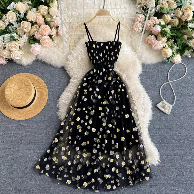 Yuoomuoo moda coreana margarida flor impressão malha vestido de festa verão duas camadas cinta espaguete férias midi vestido praia vestidos