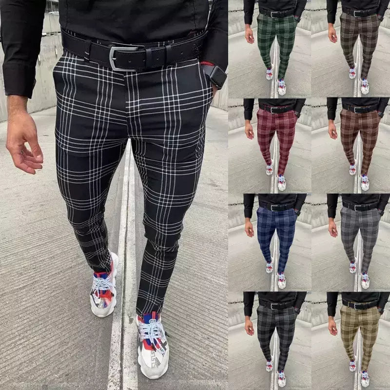 Calça xadrez casual masculina, calça stretch social, cintura média, magro, escritório de negócios, trabalhando, festa, terno masculino, outono, verão