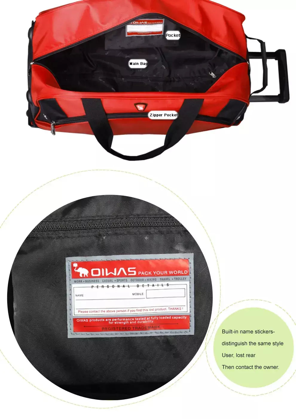 OIWAS-mochila masculina com carrinho, mala de rolamento dobrável, repelente de água, bagagem de mão com rodas, bolsa de mão, pacote de expansão de 56 litros