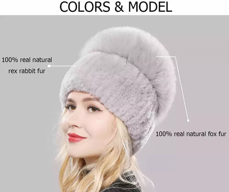 Real Genuine Fox Fur Gorros Chapéu para Mulheres, Pele de Coelho Rex Natural Boné de Caveira, Chapéus de malha para meninas, inverno, estilo russo, novo