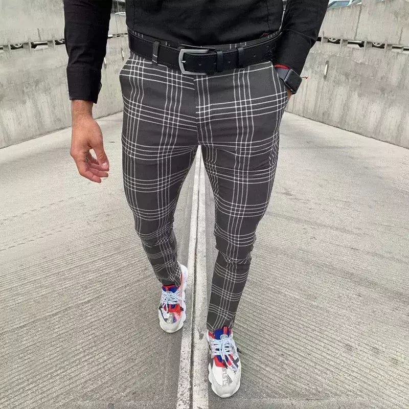 Calça xadrez casual masculina, calça stretch social, cintura média, magro, escritório de negócios, trabalhando, festa, terno masculino, outono, verão
