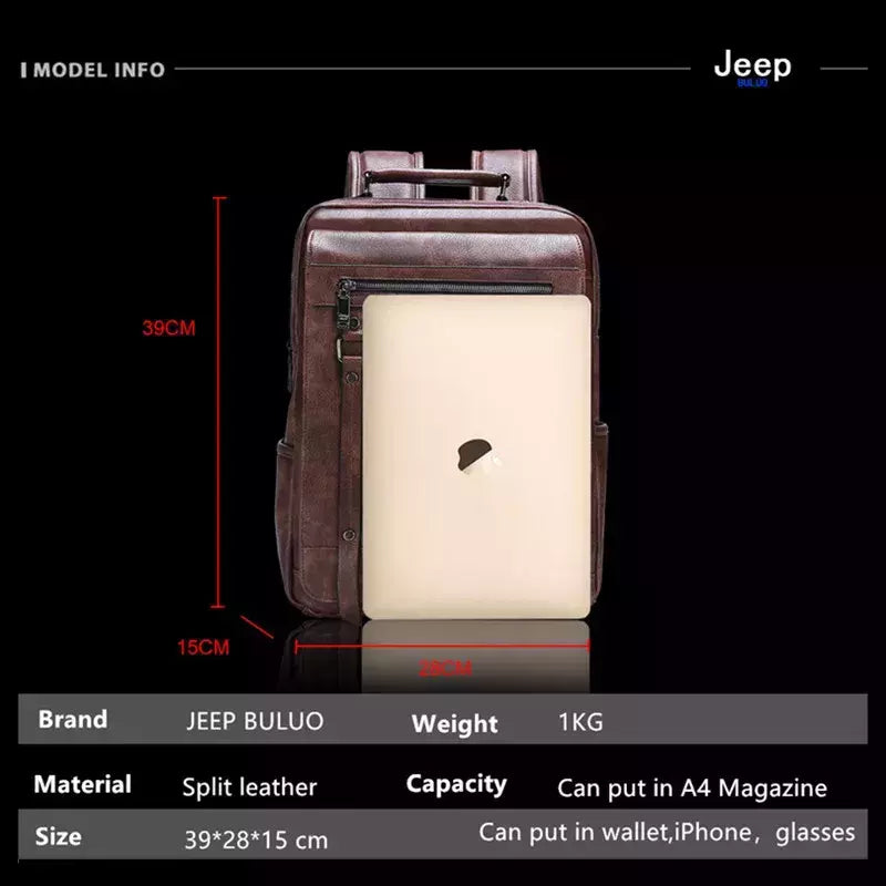 JEEP BULUO-Bolsa Masculina Casual para Laptop, Mochila de Couro Dividido, Bolsa para Computador, Alta Capacidade, Nova Tendência