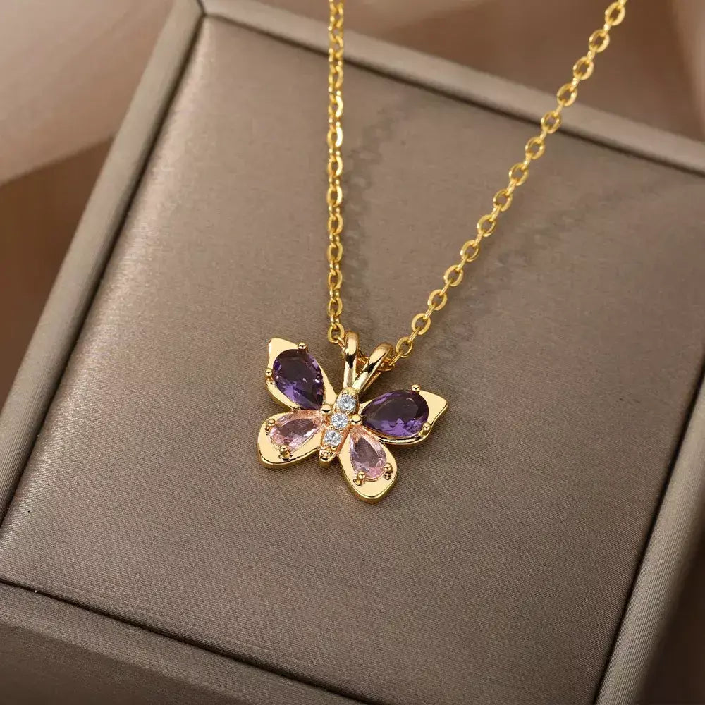 Zircão borboleta pingente colar para mulheres cor de ouro colares de aço inoxidável casal jóias estéticas freeshipping itens bff