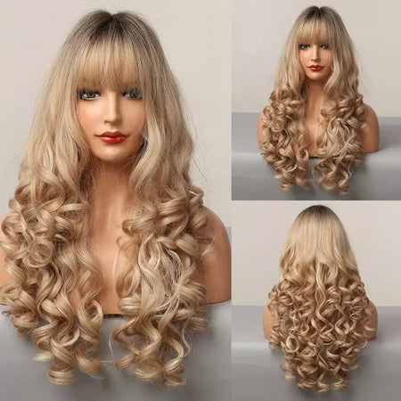 Louis ferre longo ombre loira perucas sintéticas com franja para mulheres onda natural penteado fibra resistente ao calor cosplay perucas marrons