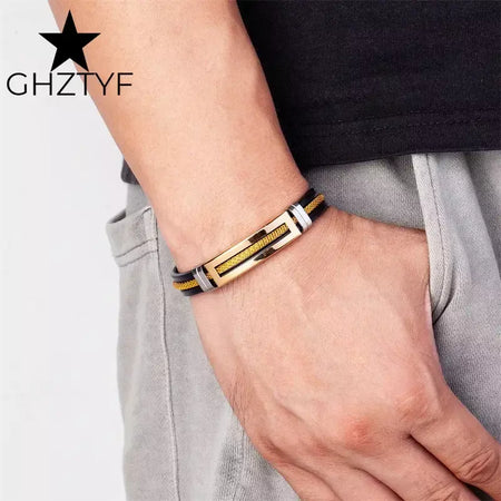 puseira masculina de ouro Pulseiras de aço inoxidável manguito para homens mulher pulseira de borracha preta com corrente 17 19 21cm cinto ajustável homem mão jóias presentes masculino frete grátis