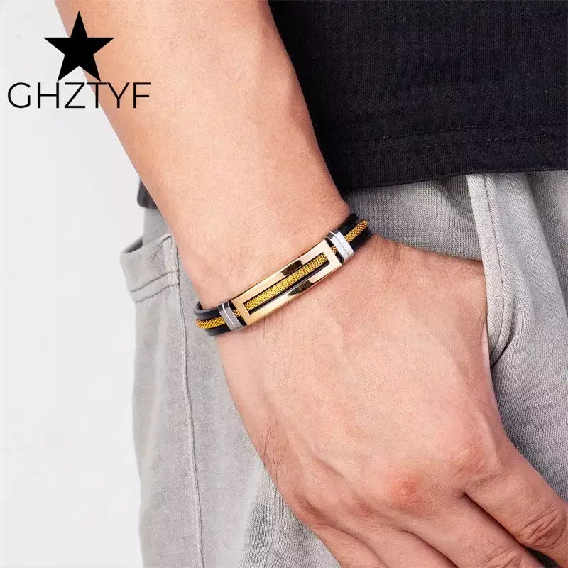 puseira masculina de ouro Pulseiras de aço inoxidável manguito para homens mulher pulseira de borracha preta com corrente 17 19 21cm cinto ajustável homem mão jóias presentes masculino frete grátis