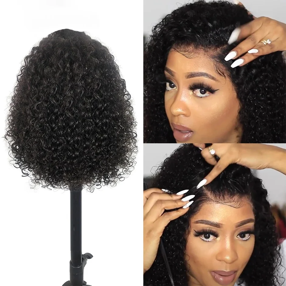 Perucas de cabelo humano Bob curto, Kinky Curly Bob Peruca, Perucas Dianteiras Brasileiras, 13x4 HD Transparente Lace Frontal Encerramento