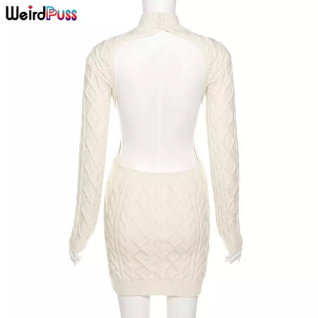 Weird Puss-Mini Vestidos de Gola Alta Elástica Feminina, Tricô Chique, Sem Costas, Manga Comprida, Soft Bodycon, Streetwear, Sexy, Outono