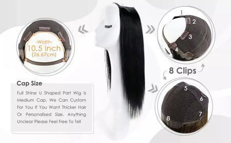 Brilho completo u parte peruca de cabelo humano máquina de cor sólida remy cabelo humano meia peruca clipe em uma peça invisível u forma perucas em linha reta