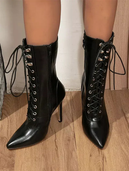 Outono inverno mulheres botas de tornozelo sexy apontou toe pólo dança salto alto bombas moda zip rendas chelsea sapatos femininos tamanho 35-43