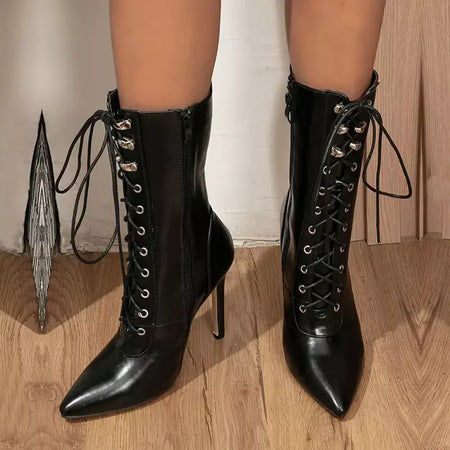 Outono inverno mulheres botas de tornozelo sexy apontou toe pólo dança salto alto bombas moda zip rendas chelsea sapatos femininos tamanho 35-43