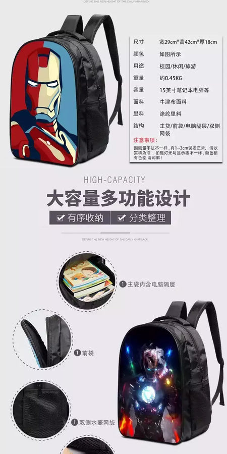 Bolsa Escolar Marvel Super Heroes para Crianças, Mochilas Homem de Ferro, Mochila 3D Anime, Bolsa de Viagem Infantil, Meninos, Escola Primária, Novo