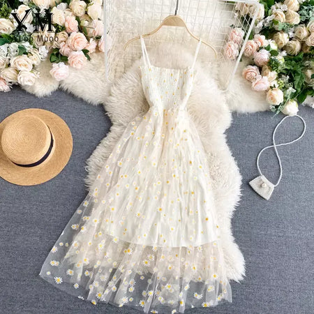 Yuoomuoo moda coreana margarida flor impressão malha vestido de festa verão duas camadas cinta espaguete férias midi vestido praia vestidos