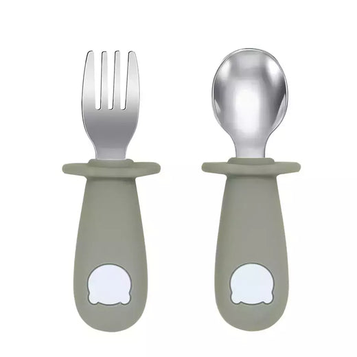 Bebê alimentação sólida colher e garfo conjunto, sem BPA, alça de silicone, urso dos desenhos animados, utensílio inoxidável, talheres infantis, novo design