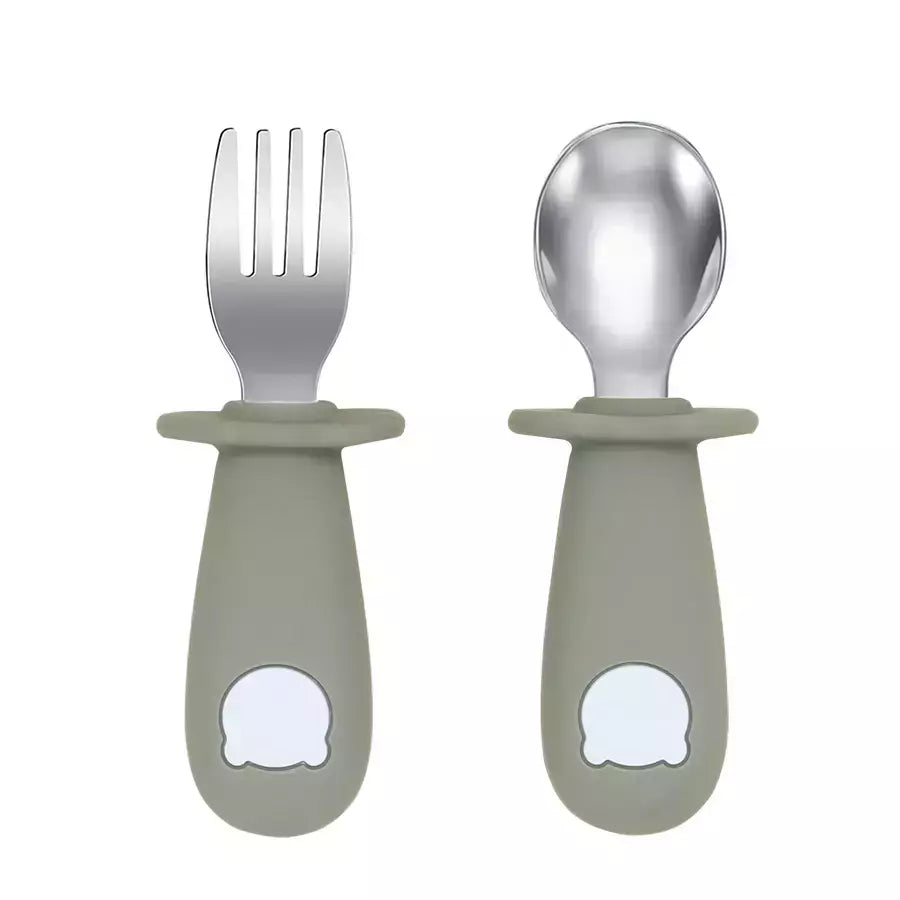 Bebê alimentação sólida colher e garfo conjunto, sem BPA, alça de silicone, urso dos desenhos animados, utensílio inoxidável, talheres infantis, novo design