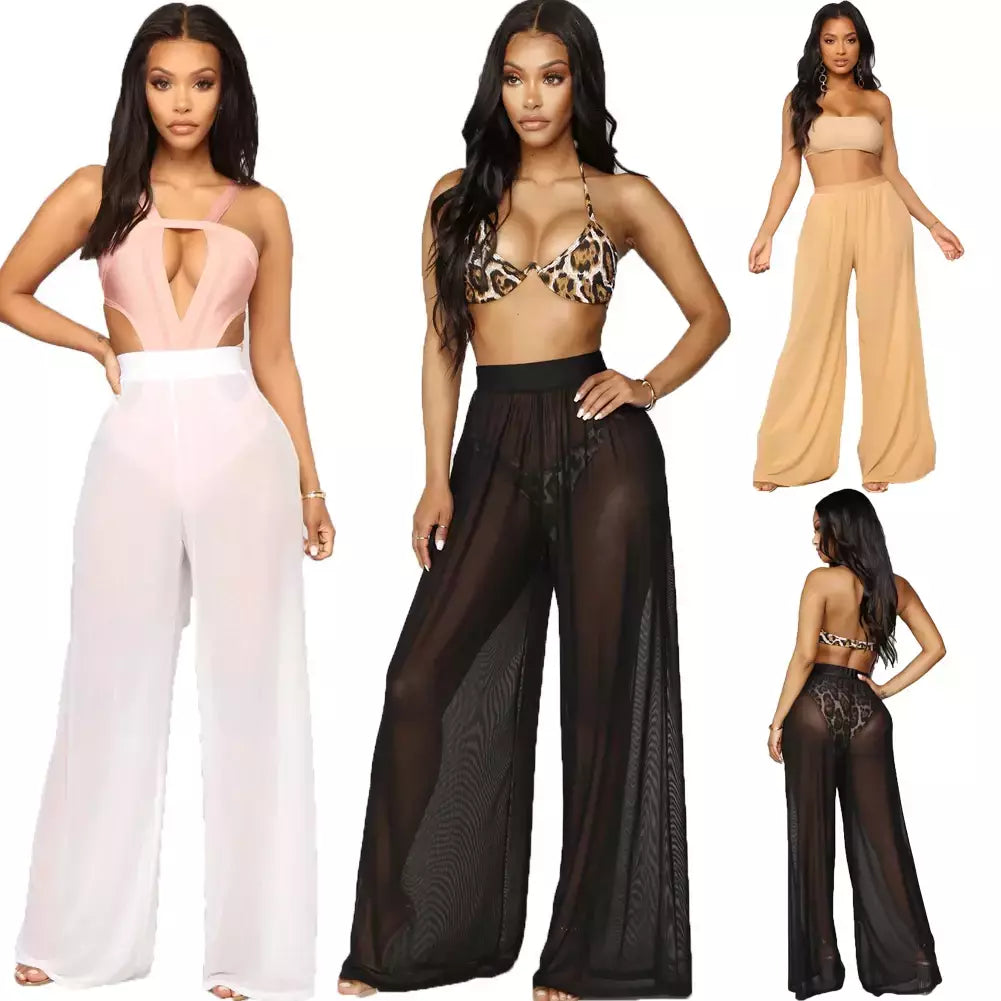 Mulheres Ver Através Boho Perna Larga Calças de Cintura Alta, Praia Longa Solta Malha Calças Pura, Bikini Bottom Cover-Up Beachwear