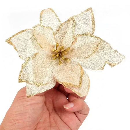 10 pçs grandes lantejoulas flor de natal glitter poinsétia 5.5 polegada flores artificiais enfeites de árvore de natal decorações para casa
