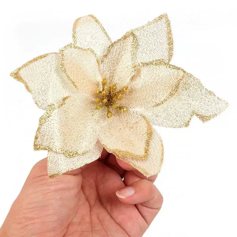 10 pçs grandes lantejoulas flor de natal glitter poinsétia 5.5 polegada flores artificiais enfeites de árvore de natal decorações para casa