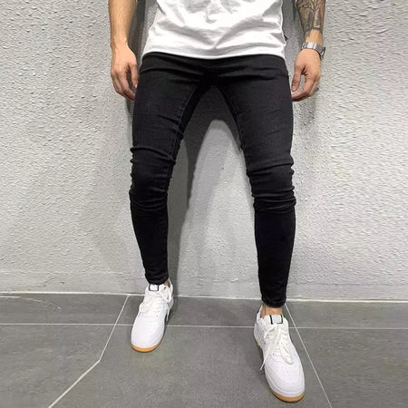 Cinza cor pura jeans homens cintura elástica calças de brim magros 2021 estiramento sem rasgado calças streetwear preto dos homens denim