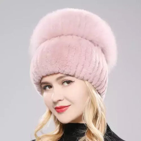 Real Genuine Fox Fur Gorros Chapéu para Mulheres, Pele de Coelho Rex Natural Boné de Caveira, Chapéus de malha para meninas, inverno, estilo russo, novo
