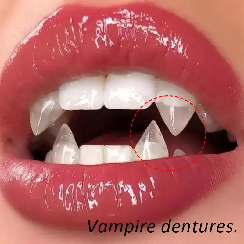 1 par de dentes de vampiro, presas, adereços para dentaduras, fantasia de halloween, dentes falsos, cola sólida, adesivo para dentadura, decoração de festa de halloween