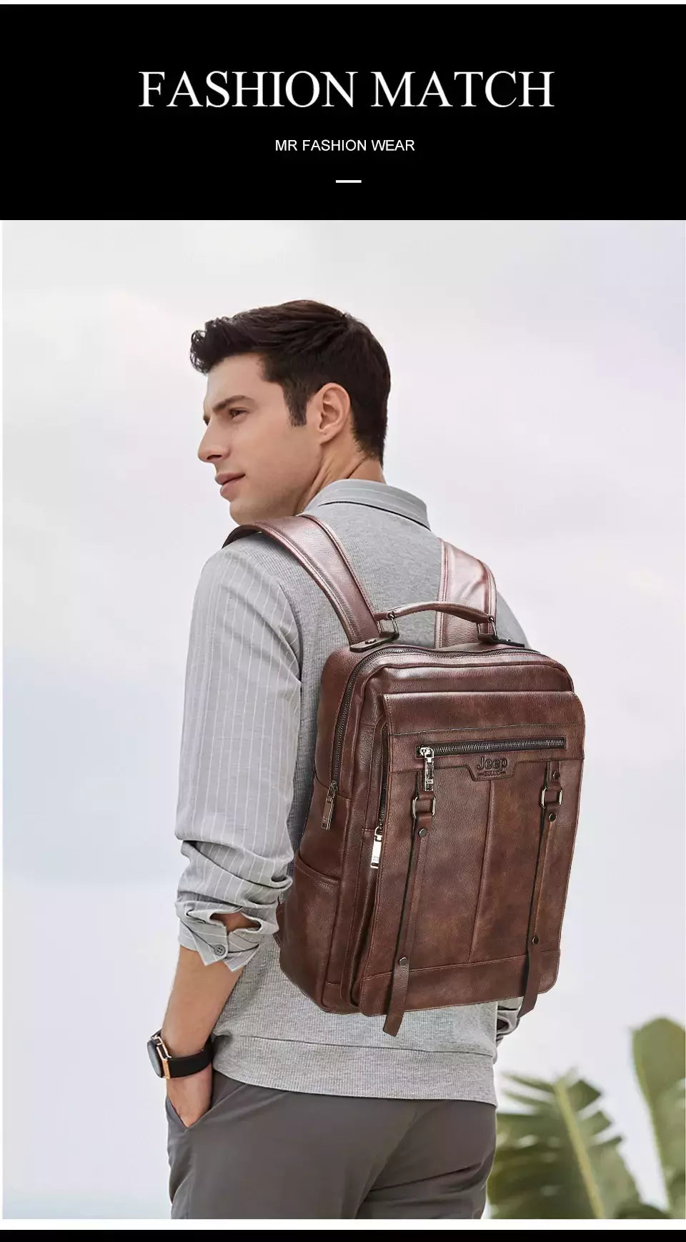 JEEP BULUO-Bolsa Masculina Casual para Laptop, Mochila de Couro Dividido, Bolsa para Computador, Alta Capacidade, Nova Tendência
