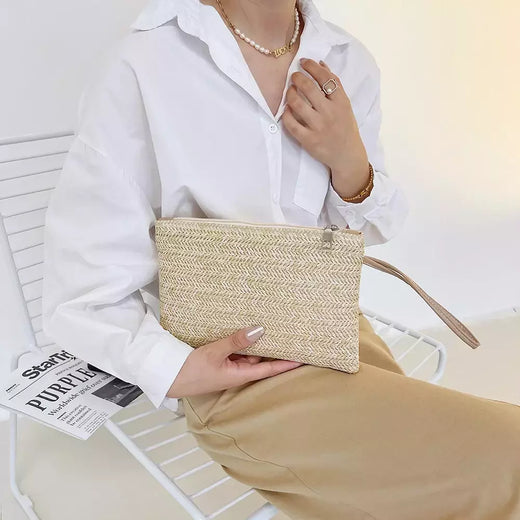 Moda feminina boêmio tecido embreagem wristlet saco casual senhoras praia verão cor sólida pequenas bolsas bolsa branco bege presentes