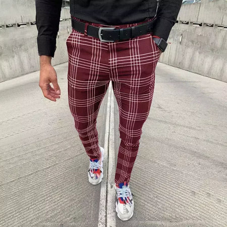 Calça xadrez casual masculina, calça stretch social, cintura média, magro, escritório de negócios, trabalhando, festa, terno masculino, outono, verão