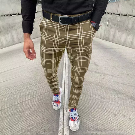 Calça xadrez casual masculina, calça stretch social, cintura média, magro, escritório de negócios, trabalhando, festa, terno masculino, outono, verão