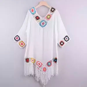 CROCHET BIKINI-Cobertura de biquíni branco com franjas para mulheres, túnica oca sexy, vestido de praia, roupa de banho de verão, praia
