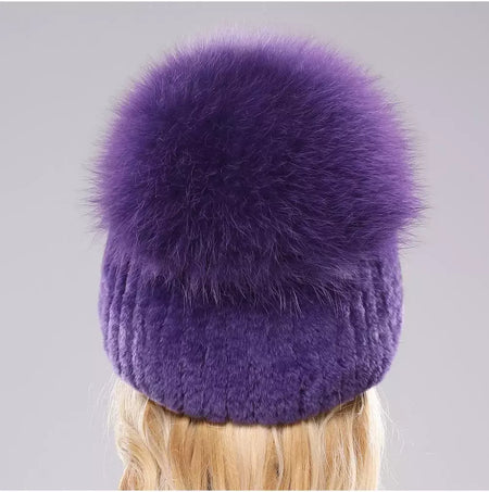 Real Genuine Fox Fur Gorros Chapéu para Mulheres, Pele de Coelho Rex Natural Boné de Caveira, Chapéus de malha para meninas, inverno, estilo russo, novo