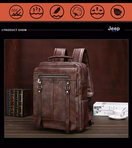 JEEP BULUO-Bolsa Masculina Casual para Laptop, Mochila de Couro Dividido, Bolsa para Computador, Alta Capacidade, Nova Tendência