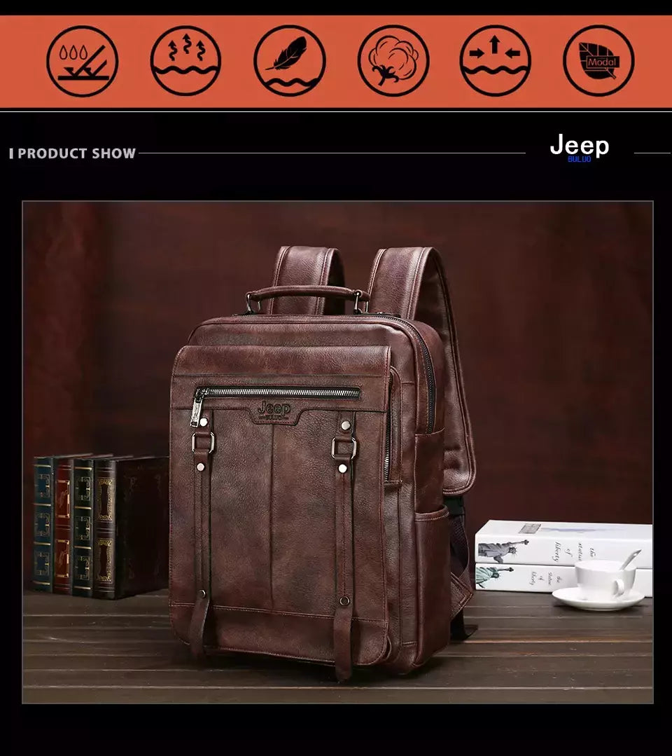 JEEP BULUO-Bolsa Masculina Casual para Laptop, Mochila de Couro Dividido, Bolsa para Computador, Alta Capacidade, Nova Tendência