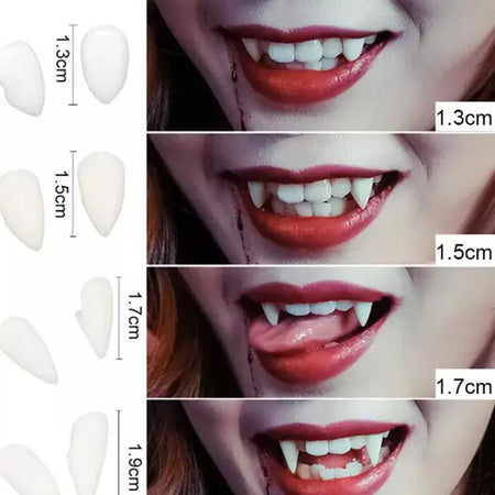 1 par de dentes de vampiro, presas, adereços para dentaduras, fantasia de halloween, dentes falsos, cola sólida, adesivo para dentadura, decoração de festa de halloween