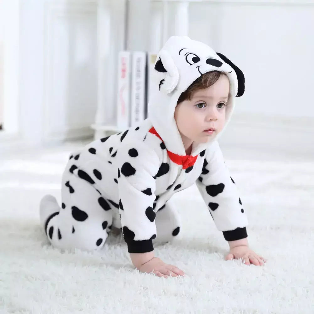 Umorden bebê dálmatas manchado cão traje kigurumi dos desenhos animados animal macacão infantil da criança macacão flanela halloween fantasia vestido