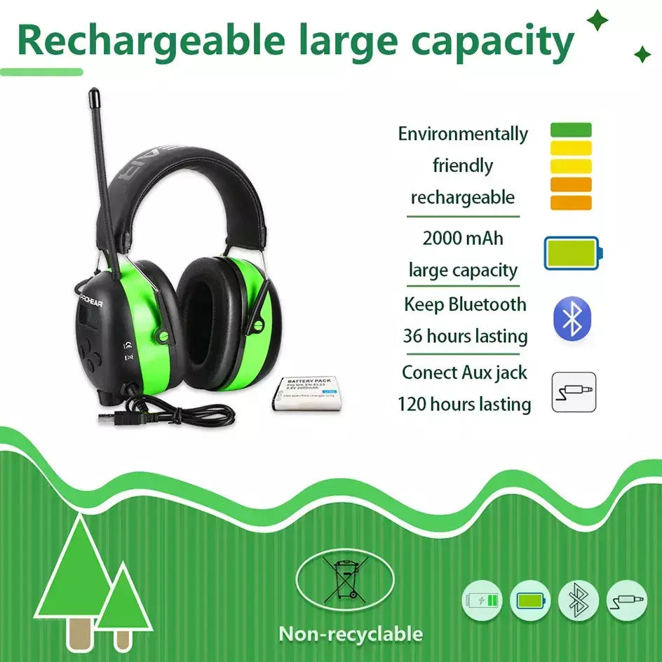 Proteção auditiva fones de ouvido bluetooth protetores de ouvido eletrônicos rádio am/fm 5.0 para corte segurança protetores de ouvido 2000mah bateria de lítio