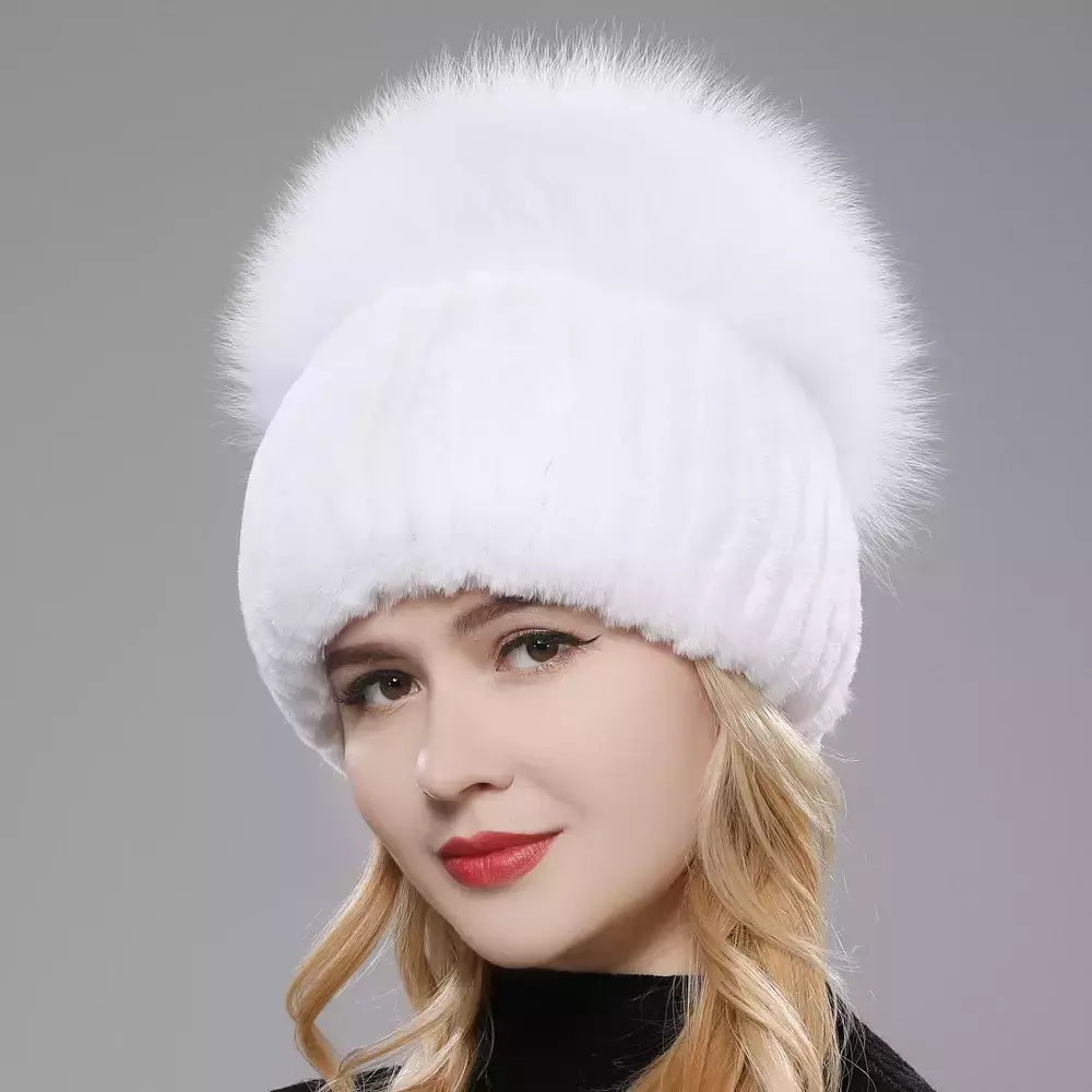 Real Genuine Fox Fur Gorros Chapéu para Mulheres, Pele de Coelho Rex Natural Boné de Caveira, Chapéus de malha para meninas, inverno, estilo russo, novo
