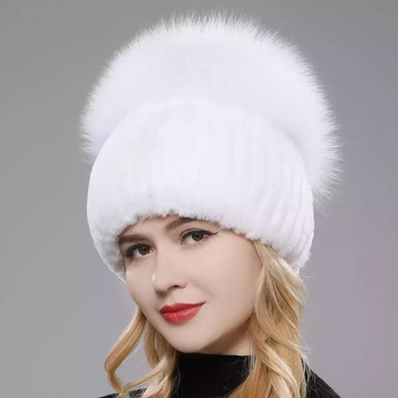 Real Genuine Fox Fur Gorros Chapéu para Mulheres, Pele de Coelho Rex Natural Boné de Caveira, Chapéus de malha para meninas, inverno, estilo russo, novo