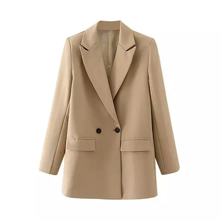 TRAF-Blazer de trespassado feminino, gola entalhada, manga comprida, chique, senhora do escritório, casaco vintage, casacos femininos, tops elegantes, moda