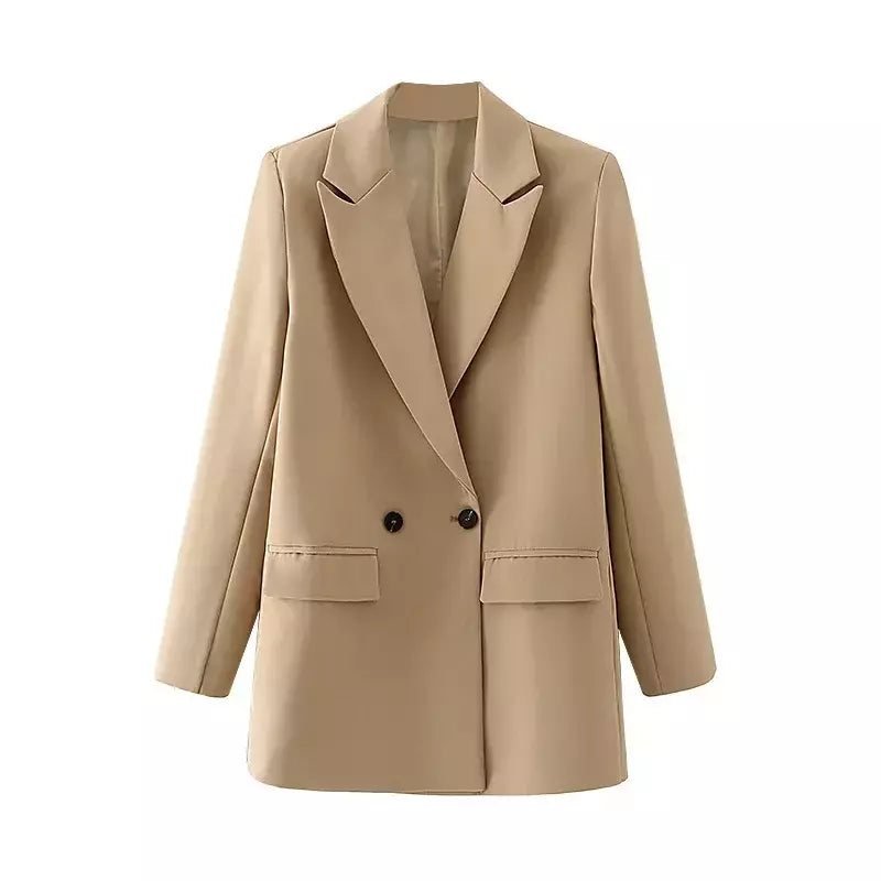 TRAF-Blazer de trespassado feminino, gola entalhada, manga comprida, chique, senhora do escritório, casaco vintage, casacos femininos, tops elegantes, moda