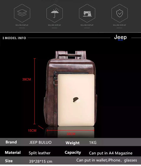 JEEP BULUO-Bolsa Masculina Casual para Laptop, Mochila de Couro Dividido, Bolsa para Computador, Alta Capacidade, Nova Tendência