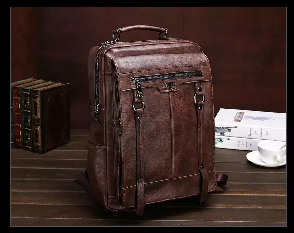 JEEP BULUO-Bolsa Masculina Casual para Laptop, Mochila de Couro Dividido, Bolsa para Computador, Alta Capacidade, Nova Tendência