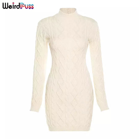 Weird Puss-Mini Vestidos de Gola Alta Elástica Feminina, Tricô Chique, Sem Costas, Manga Comprida, Soft Bodycon, Streetwear, Sexy, Outono