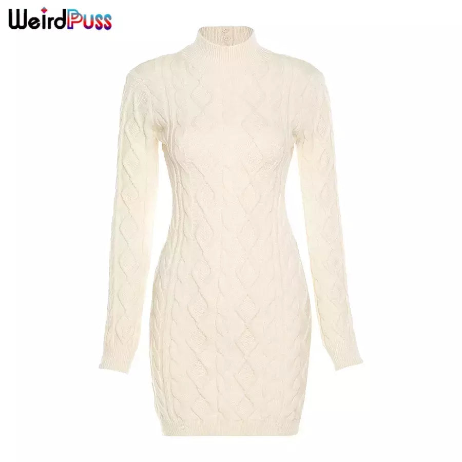 Weird Puss-Mini Vestidos de Gola Alta Elástica Feminina, Tricô Chique, Sem Costas, Manga Comprida, Soft Bodycon, Streetwear, Sexy, Outono