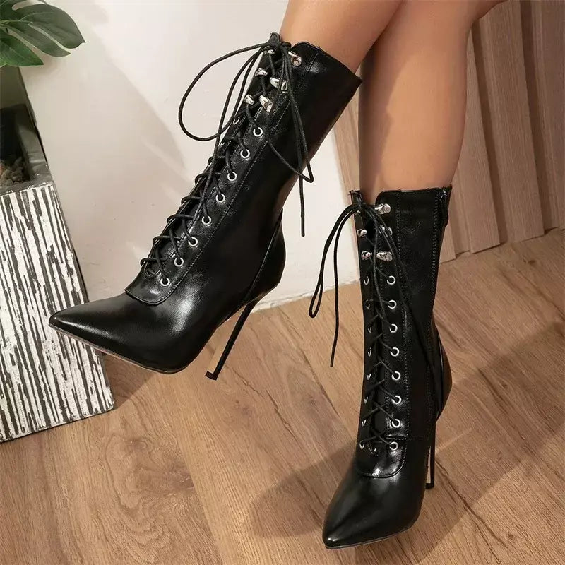 Outono inverno mulheres botas de tornozelo sexy apontou toe pólo dança salto alto bombas moda zip rendas chelsea sapatos femininos tamanho 35-43